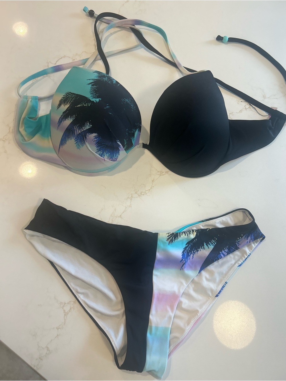 Victoria’s Secret Black & Teal Palm Print Push-Up Bikini Set
